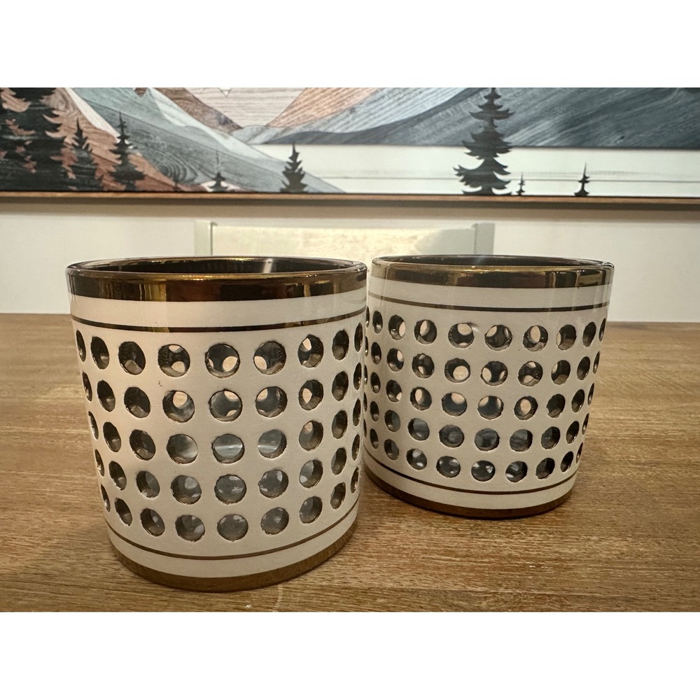 DecoFlair Gold Chrome Ceramic Candle Holder Set White Perforated Dot Mid Century